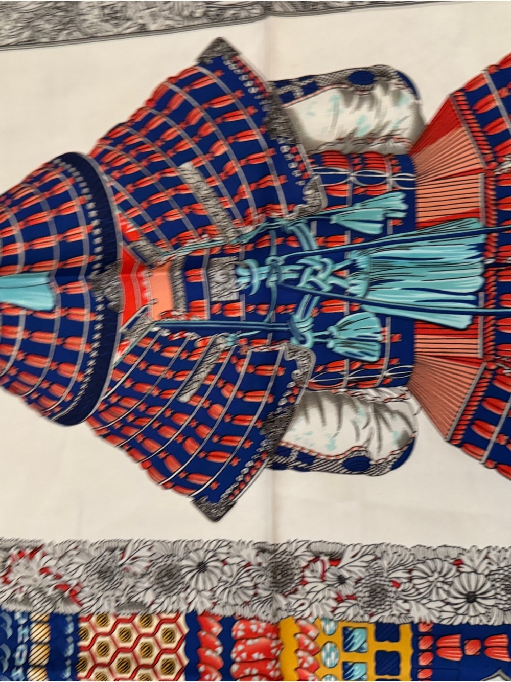 Designer-style 90cm Silk Scarf with Samurai Armor Motif in Navy & Cream New - Picture 2 of 6